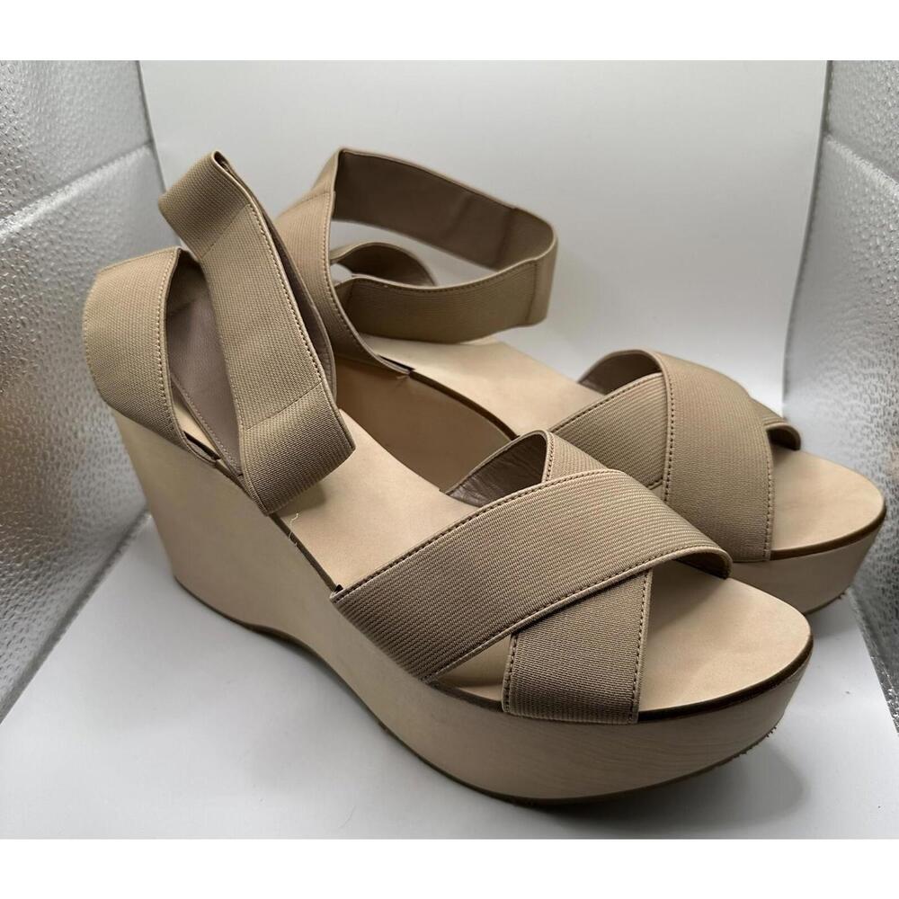 NIB BELLE SIGERSON MORRISON Nude Elastic Strappy‎ Wood Wedge Sandals, Size 10